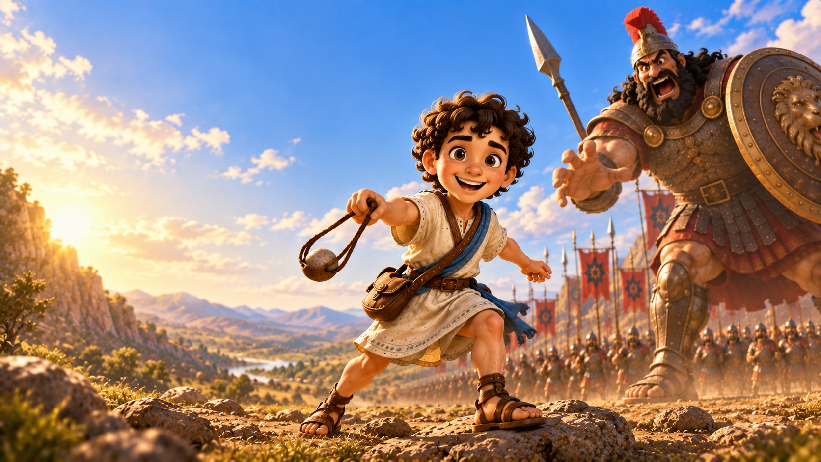 David facing the viewer with his sling, Goliath reaching out beside him, with the armies of Israel and Philistia behind them